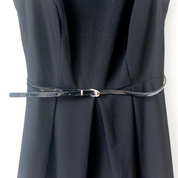 AB Studio Black and Tan Stripe Classy Sleeveless Knee-Length A-Line Belt Dress 2 - Picture 2 of 7